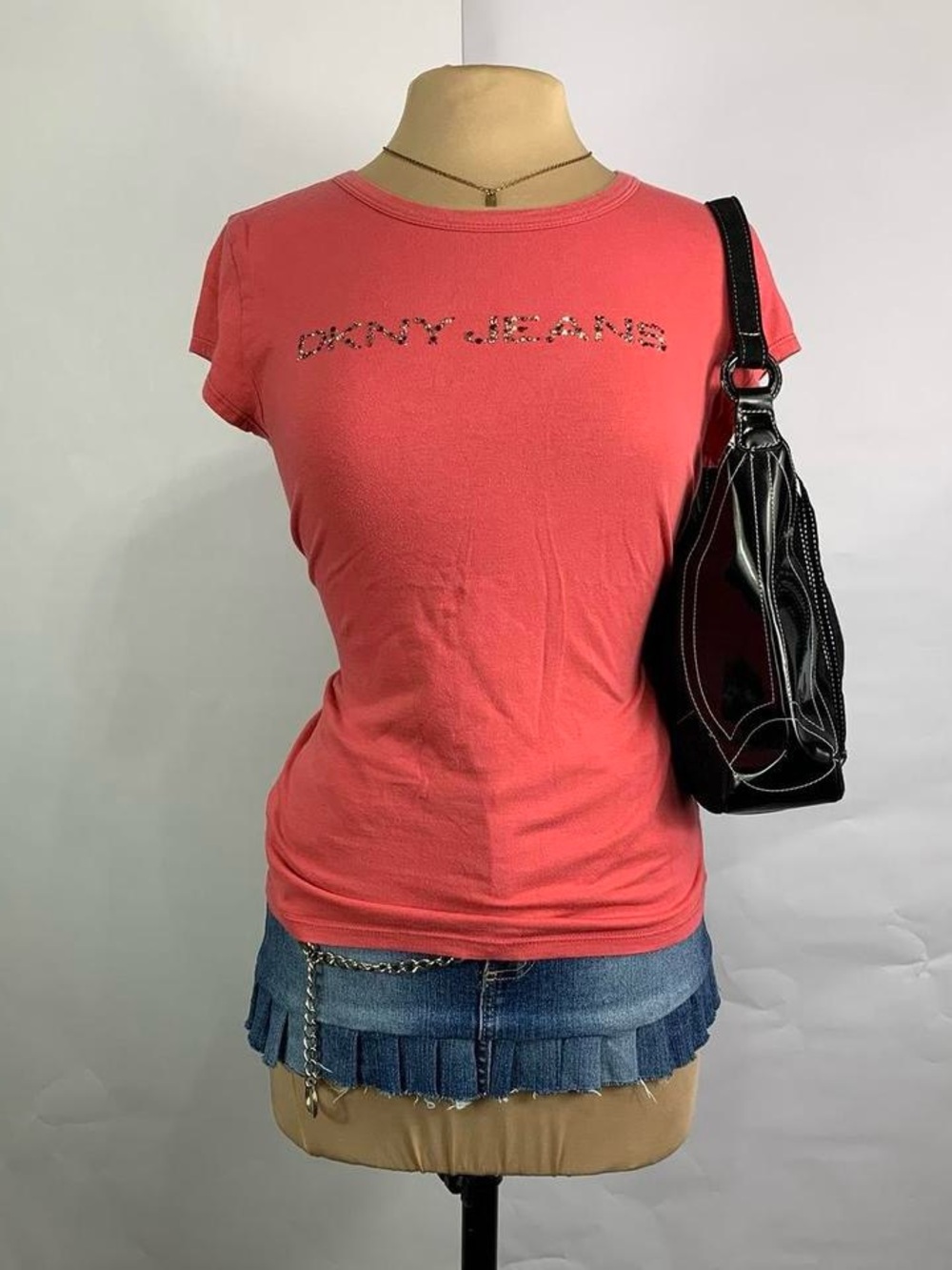 DKNY Vintage Y2K Rhinestone Bling Letter Baby Tee Shirt Size L